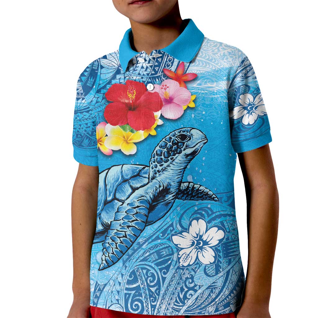 Hawaii Sea Turtle and Tropical Flowers Kid Polo Shirt Polynesian Tattoo Undersea Vibe