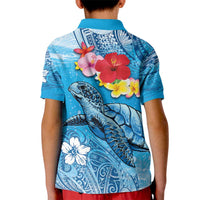 Hawaii Sea Turtle and Tropical Flowers Kid Polo Shirt Polynesian Tattoo Undersea Vibe