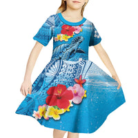 Hawaii Sea Turtle and Tropical Flowers Kid Short Sleeve Dress Polynesian Tattoo Undersea Vibe