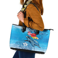 Hawaii Sea Turtle and Tropical Flowers Leather Tote Bag Polynesian Tattoo Undersea Vibe LT03 Blue - Polynesian Pride