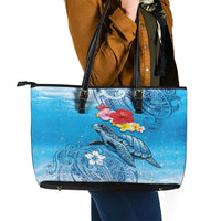 Hawaii Sea Turtle and Tropical Flowers Leather Tote Bag Polynesian Tattoo Undersea Vibe LT03 - Polynesian Pride