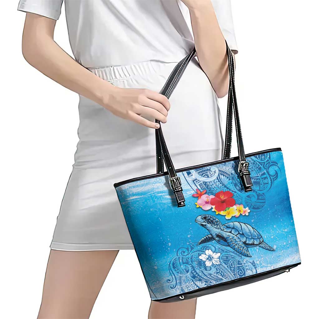Hawaii Sea Turtle and Tropical Flowers Leather Tote Bag Polynesian Tattoo Undersea Vibe LT03 - Polynesian Pride