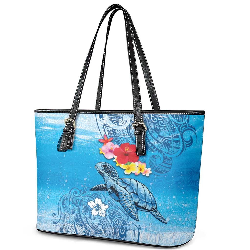 Hawaii Sea Turtle and Tropical Flowers Leather Tote Bag Polynesian Tattoo Undersea Vibe LT03 - Polynesian Pride