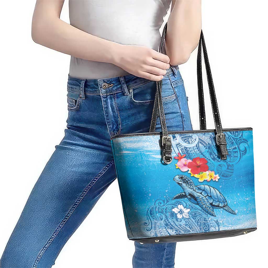 Hawaii Sea Turtle and Tropical Flowers Leather Tote Bag Polynesian Tattoo Undersea Vibe LT03 - Polynesian Pride