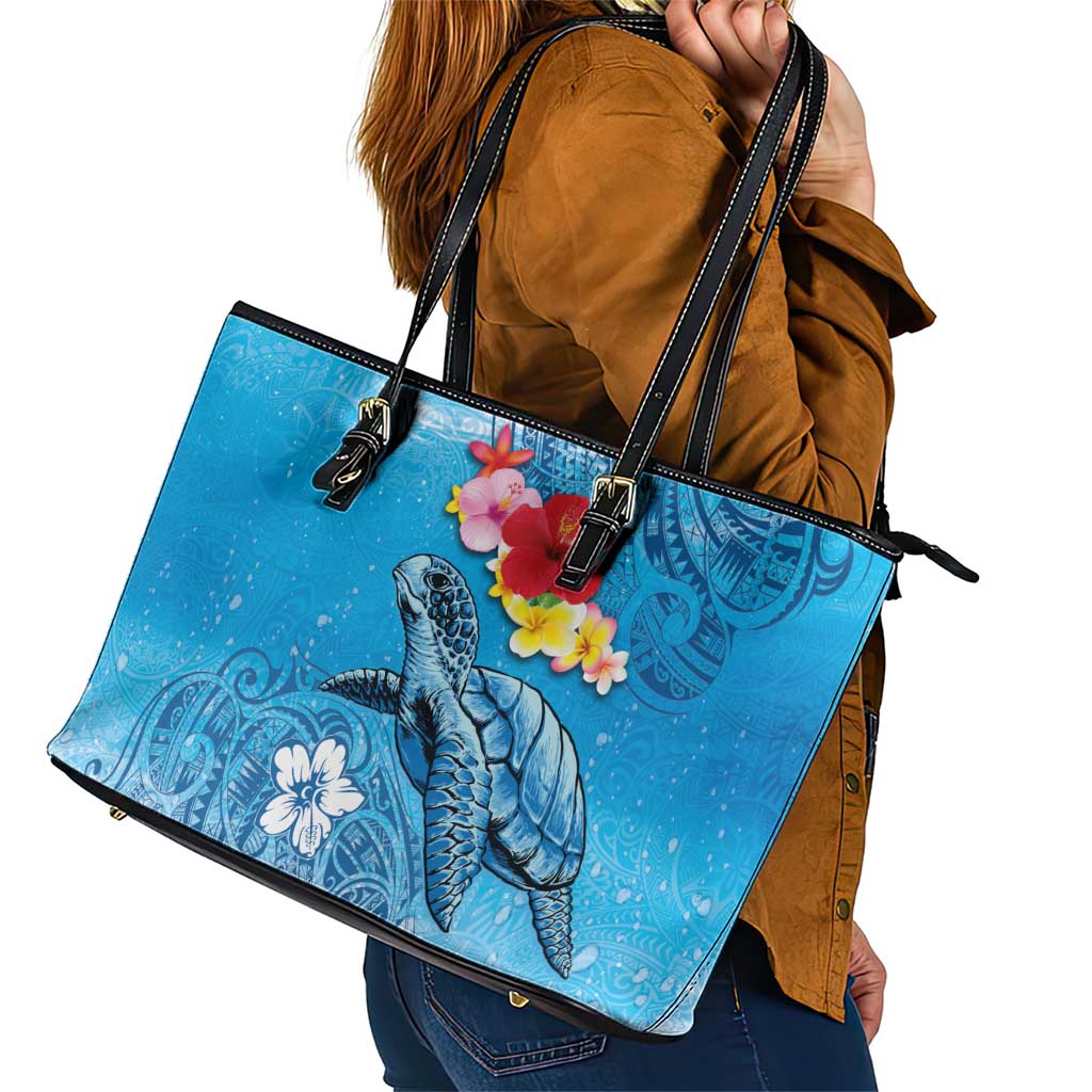 Hawaii Sea Turtle and Tropical Flowers Leather Tote Bag Polynesian Tattoo Undersea Vibe LT03 - Polynesian Pride
