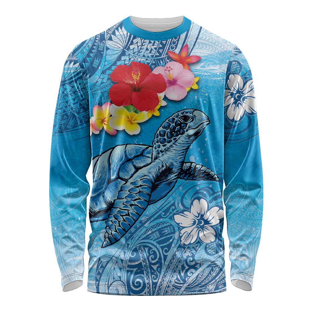 Hawaii Sea Turtle and Tropical Flowers Long Sleeve Shirt Polynesian Tattoo Undersea Vibe