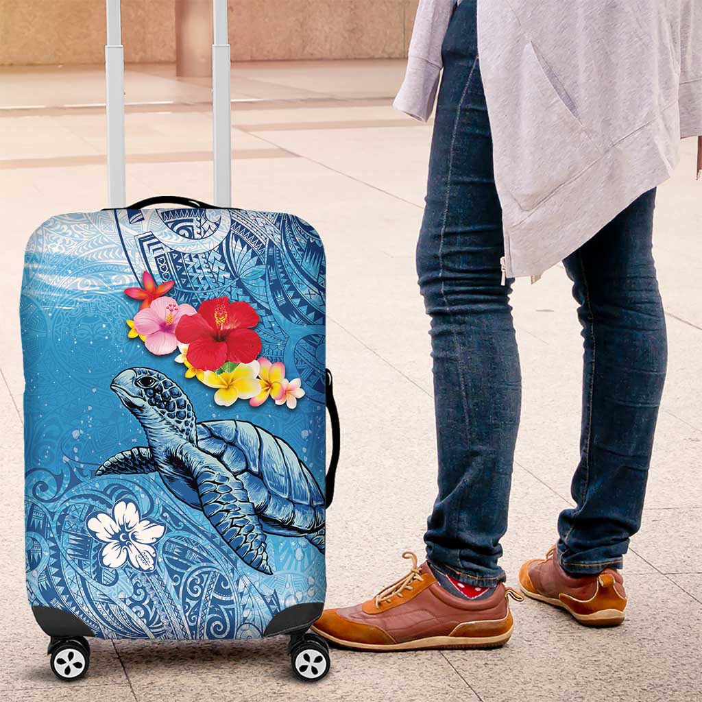 Hawaii Sea Turtle and Tropical Flowers Luggage Cover Polynesian Tattoo Undersea Vibe