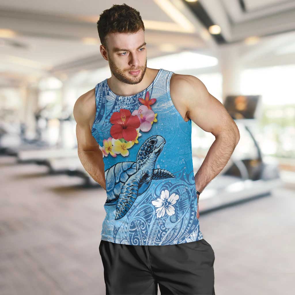 Hawaii Sea Turtle and Tropical Flowers Men Tank Top Polynesian Tattoo Undersea Vibe LT03 Blue - Polynesian Pride
