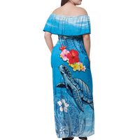 Hawaii Sea Turtle and Tropical Flowers Off Shoulder Maxi Dress Polynesian Tattoo Undersea Vibe LT03 - Polynesian Pride