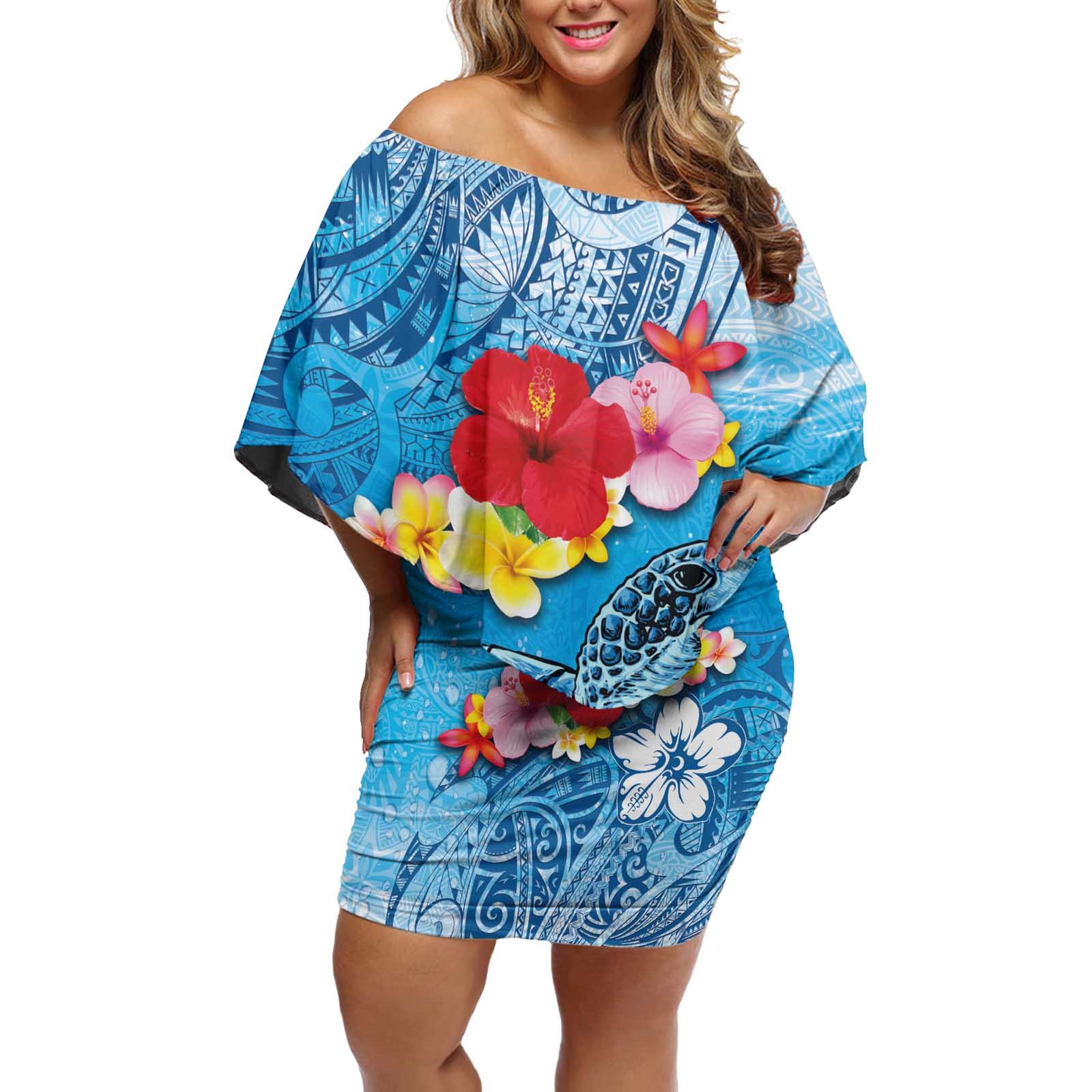 Hawaii Sea Turtle and Tropical Flowers Off Shoulder Short Dress Polynesian Tattoo Undersea Vibe LT03 Women Blue - Polynesian Pride
