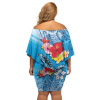 Hawaii Sea Turtle and Tropical Flowers Off Shoulder Short Dress Polynesian Tattoo Undersea Vibe LT03 - Polynesian Pride
