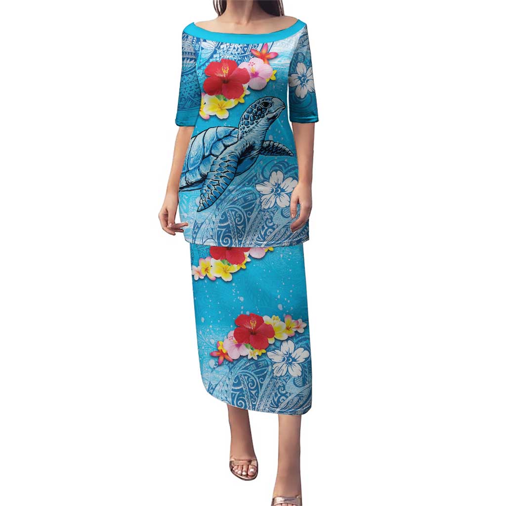 Hawaii Sea Turtle and Tropical Flowers Puletasi Polynesian Tattoo Undersea Vibe LT03 Long Dress Blue - Polynesian Pride
