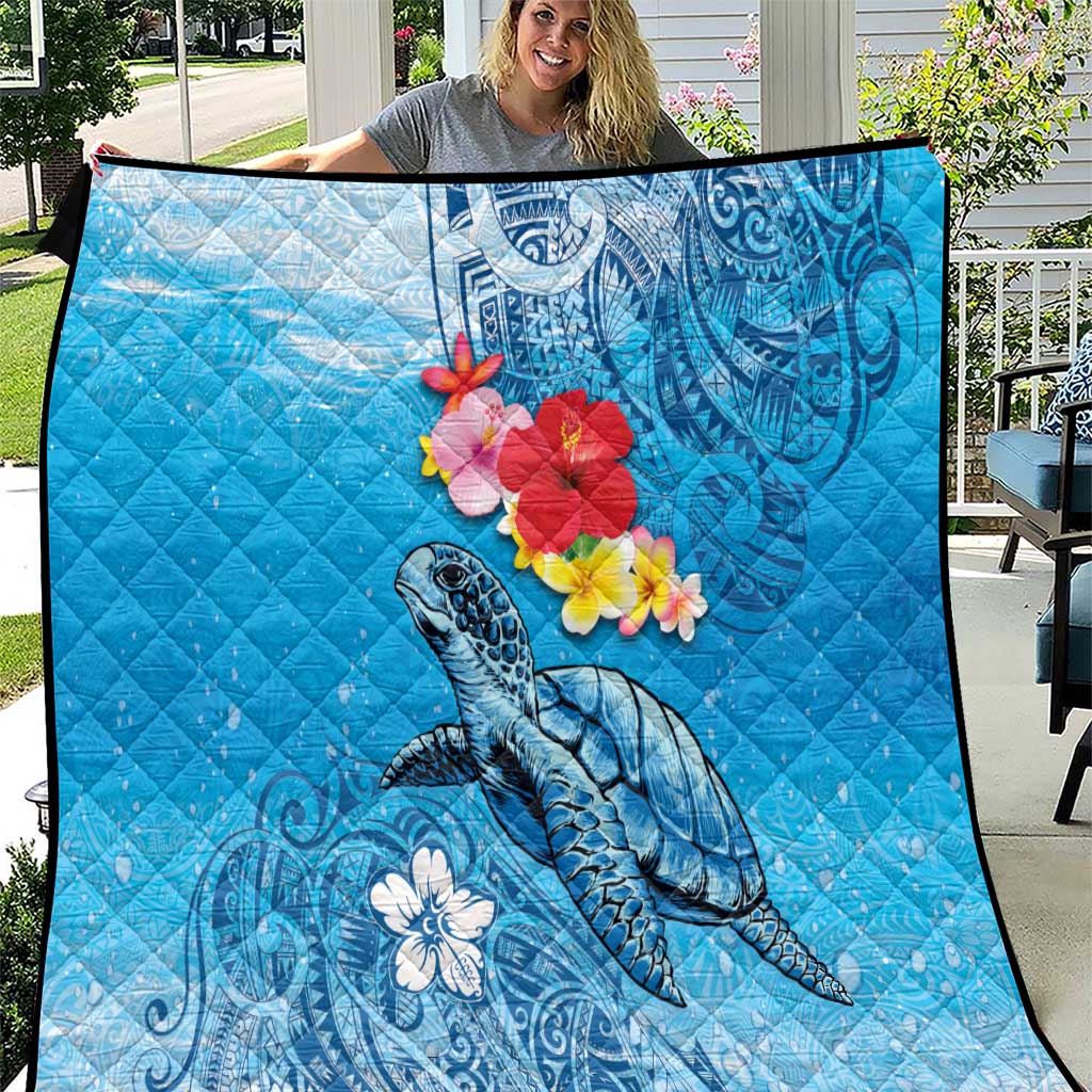 Hawaii Sea Turtle and Tropical Flowers Quilt Polynesian Tattoo Undersea Vibe