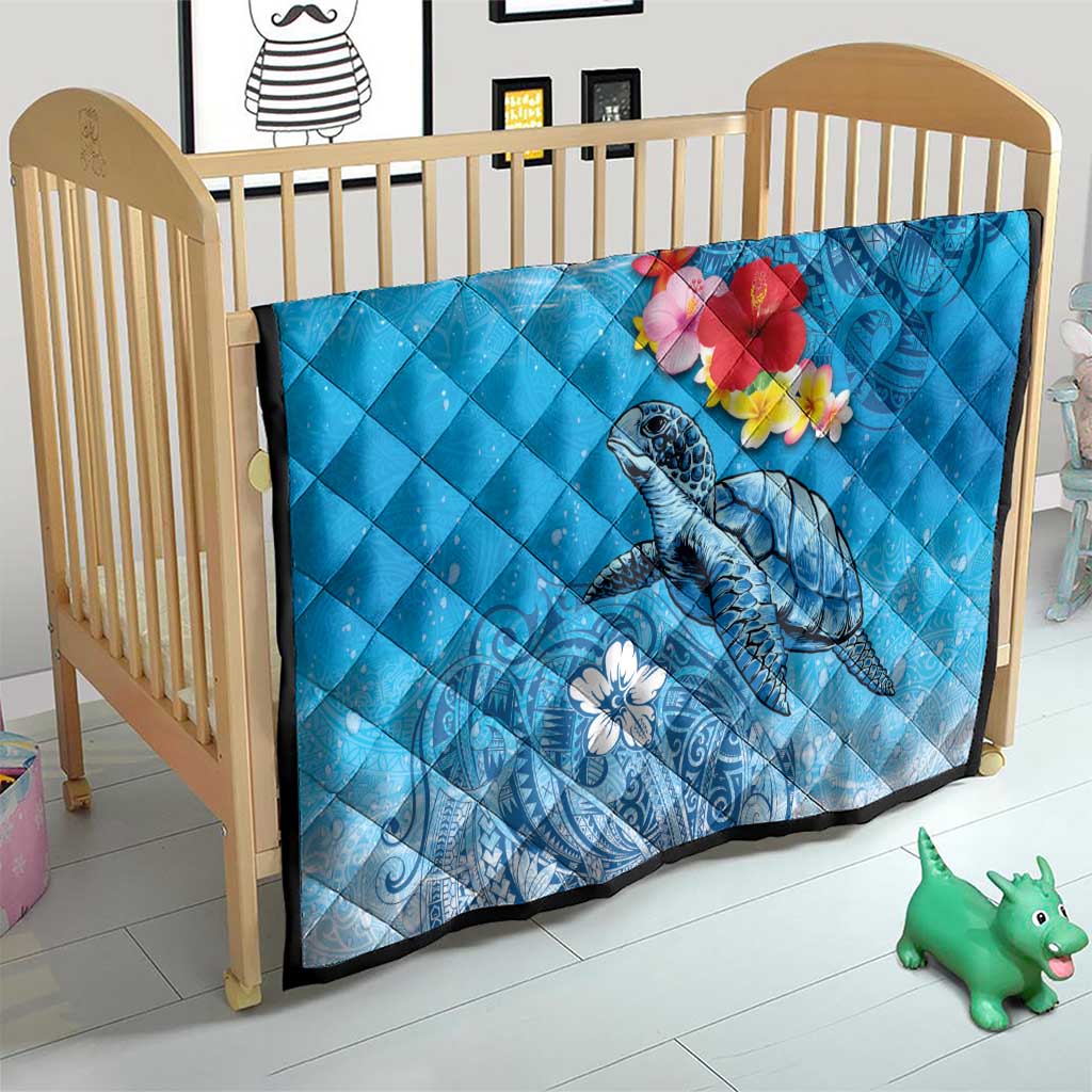 Hawaii Sea Turtle and Tropical Flowers Quilt Polynesian Tattoo Undersea Vibe