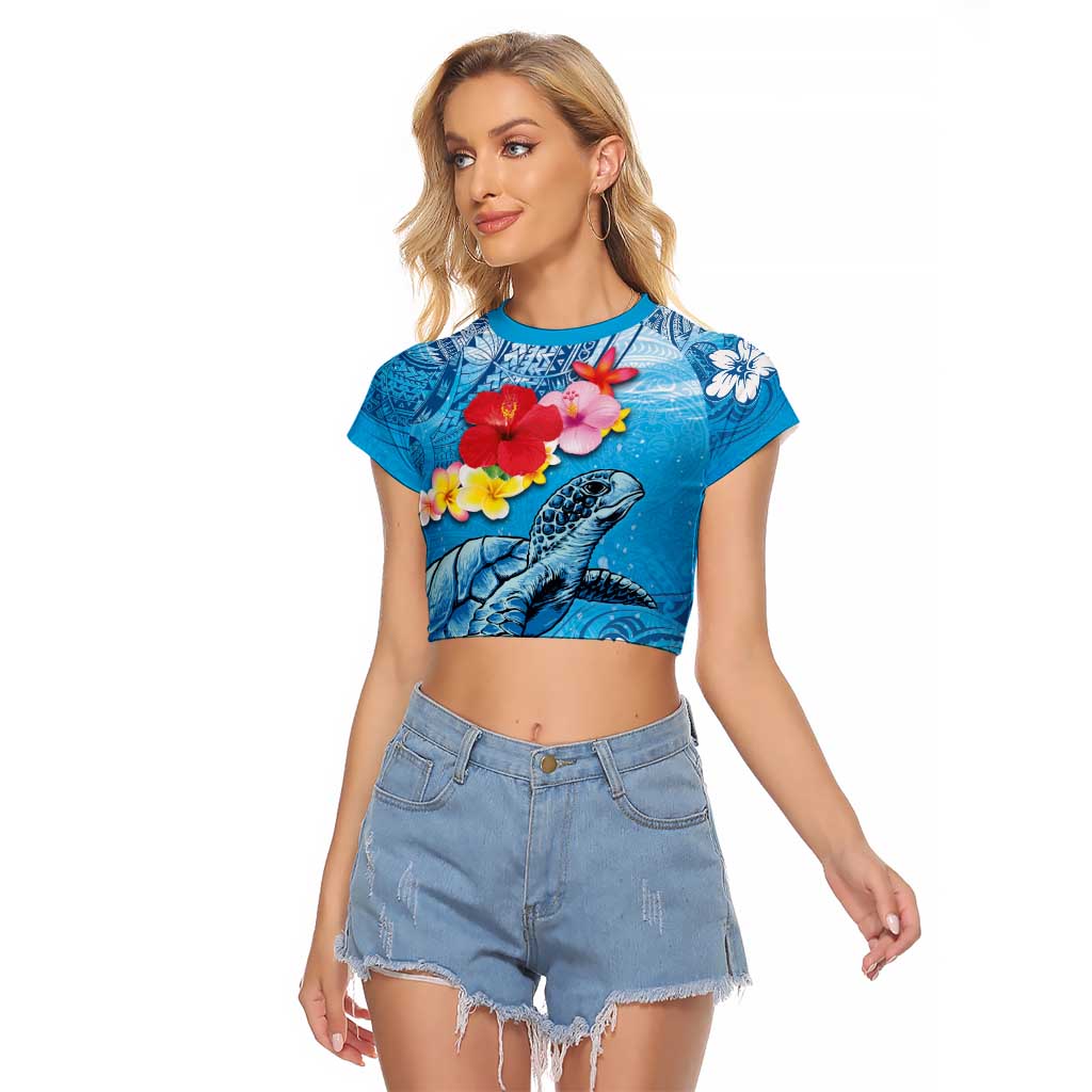 Hawaii Sea Turtle and Tropical Flowers Raglan Cropped T Shirt Polynesian Tattoo Undersea Vibe