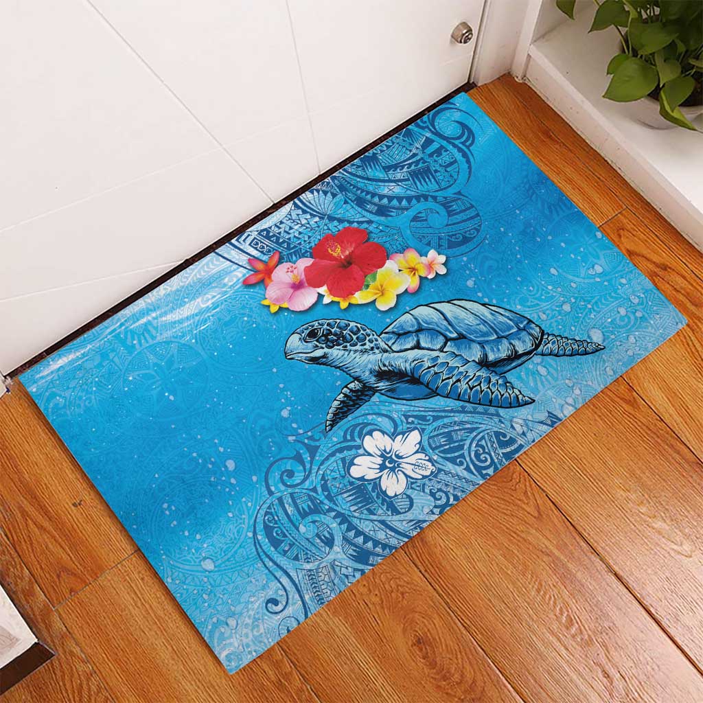 Hawaii Sea Turtle and Tropical Flowers Rubber Doormat Polynesian Tattoo Undersea Vibe LT03 - Polynesian Pride