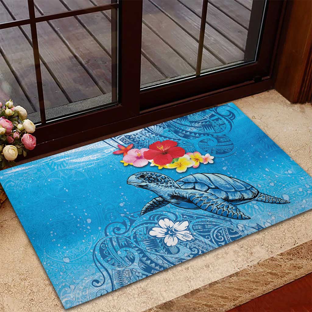 Hawaii Sea Turtle and Tropical Flowers Rubber Doormat Polynesian Tattoo Undersea Vibe LT03 - Polynesian Pride