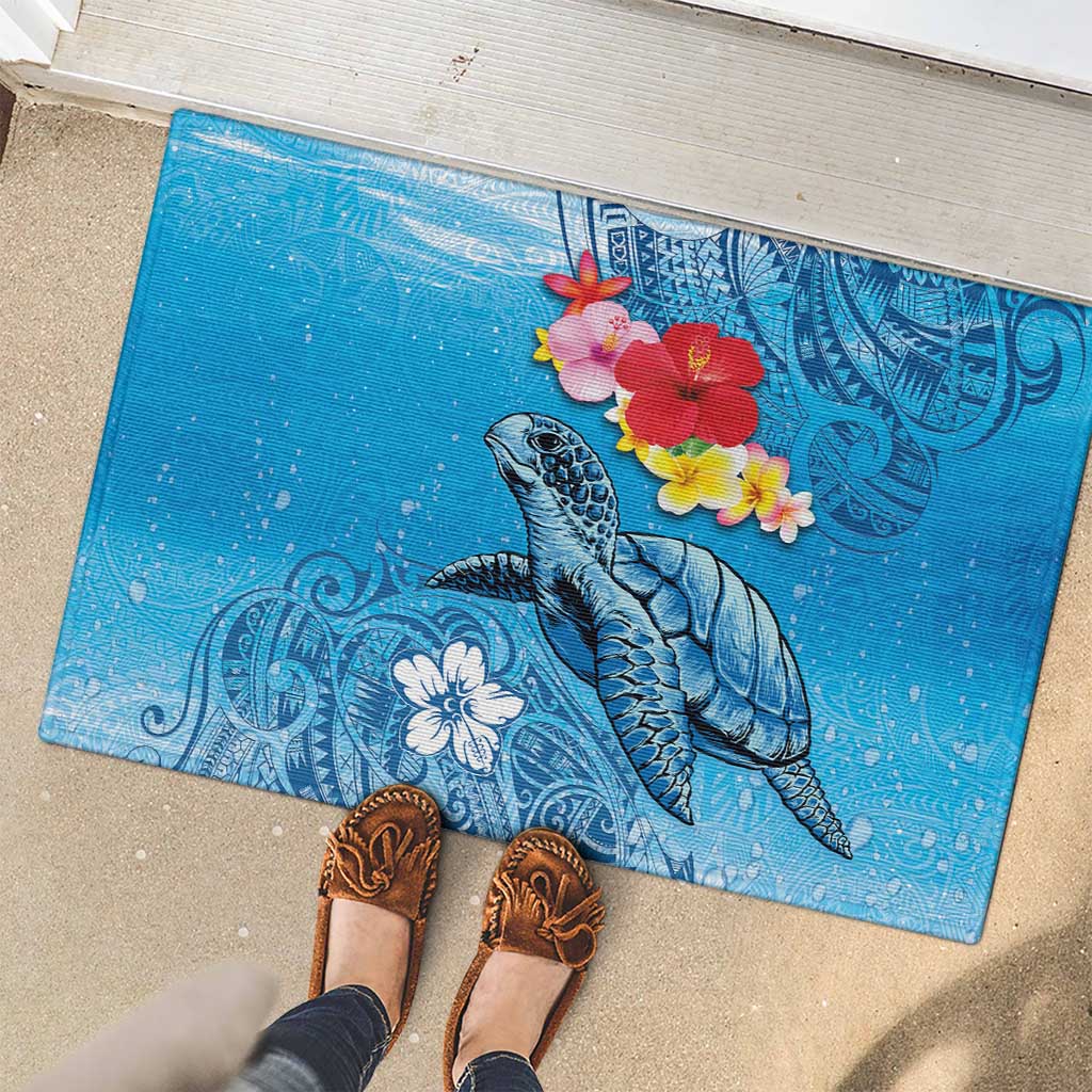 Hawaii Sea Turtle and Tropical Flowers Rubber Doormat Polynesian Tattoo Undersea Vibe LT03 - Polynesian Pride