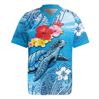 Hawaii Sea Turtle and Tropical Flowers Rugby Jersey Polynesian Tattoo Undersea Vibe LT03 Blue - Polynesian Pride