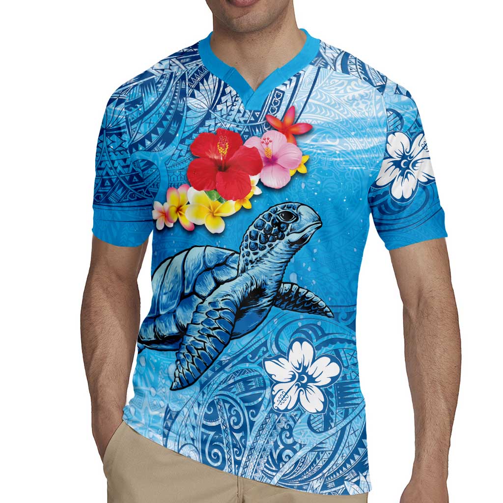 Hawaii Sea Turtle and Tropical Flowers Rugby Jersey Polynesian Tattoo Undersea Vibe LT03 - Polynesian Pride