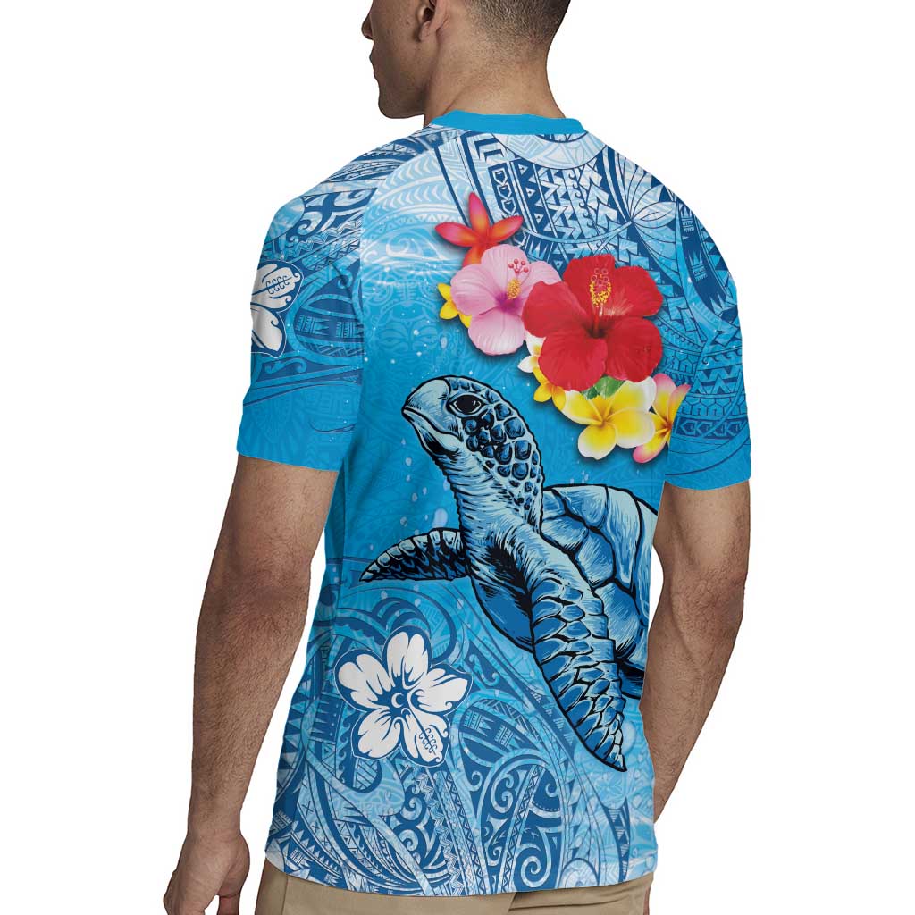 Hawaii Sea Turtle and Tropical Flowers Rugby Jersey Polynesian Tattoo Undersea Vibe LT03 - Polynesian Pride