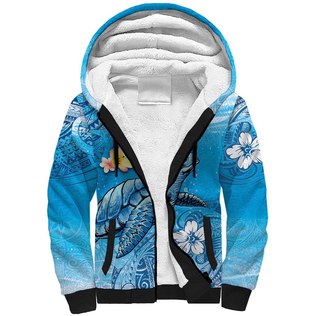 Hawaii Sea Turtle and Tropical Flowers Sherpa Hoodie Polynesian Tattoo Undersea Vibe LT03 Unisex Blue - Polynesian Pride