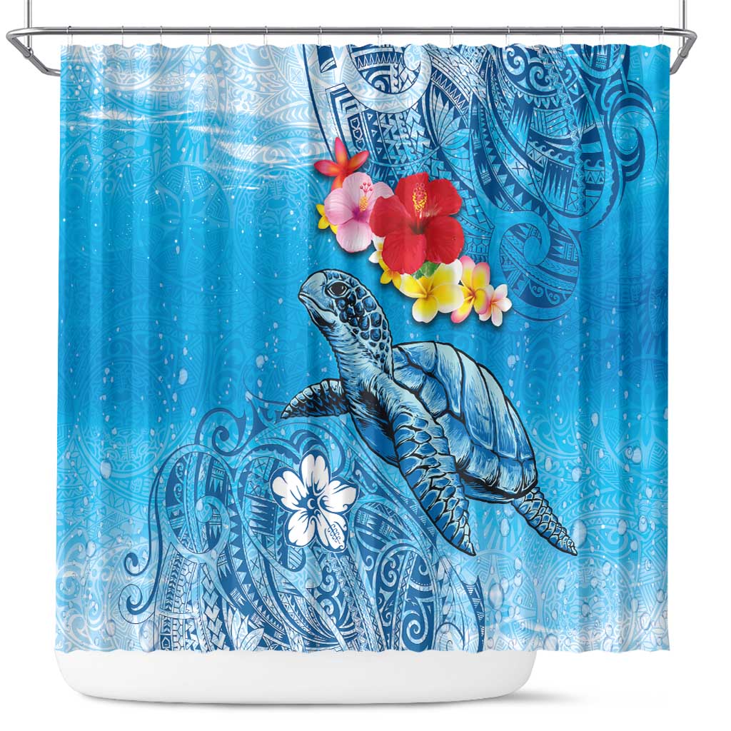 Hawaii Sea Turtle and Tropical Flowers Shower Curtain Polynesian Tattoo Undersea Vibe