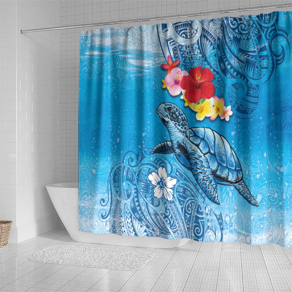 Hawaii Sea Turtle and Tropical Flowers Shower Curtain Polynesian Tattoo Undersea Vibe