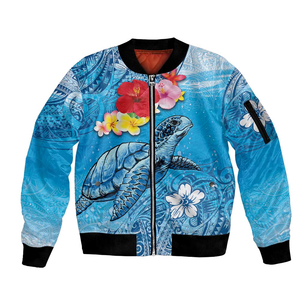 Hawaii Sea Turtle and Tropical Flowers Sleeve Zip Bomber Jacket Polynesian Tattoo Undersea Vibe