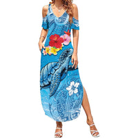 Hawaii Sea Turtle and Tropical Flowers Summer Maxi Dress Polynesian Tattoo Undersea Vibe LT03 Women Blue - Polynesian Pride
