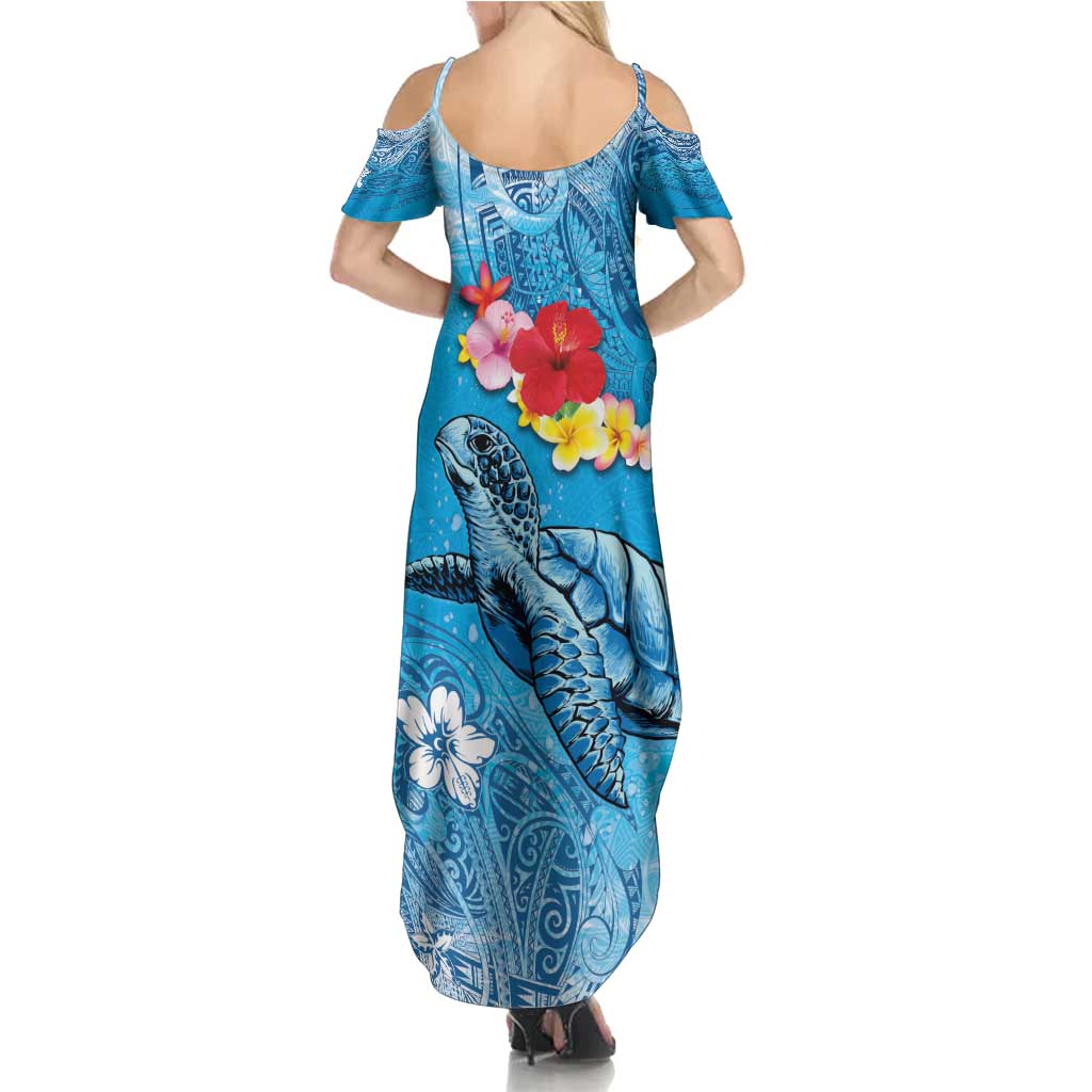 Hawaii Sea Turtle and Tropical Flowers Summer Maxi Dress Polynesian Tattoo Undersea Vibe LT03 - Polynesian Pride