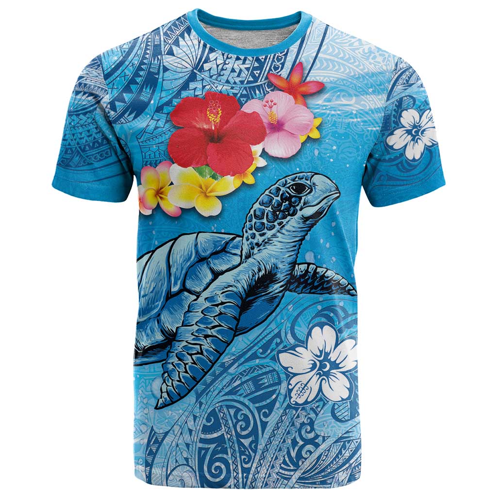 Hawaii Sea Turtle and Tropical Flowers T Shirt Polynesian Tattoo Undersea Vibe