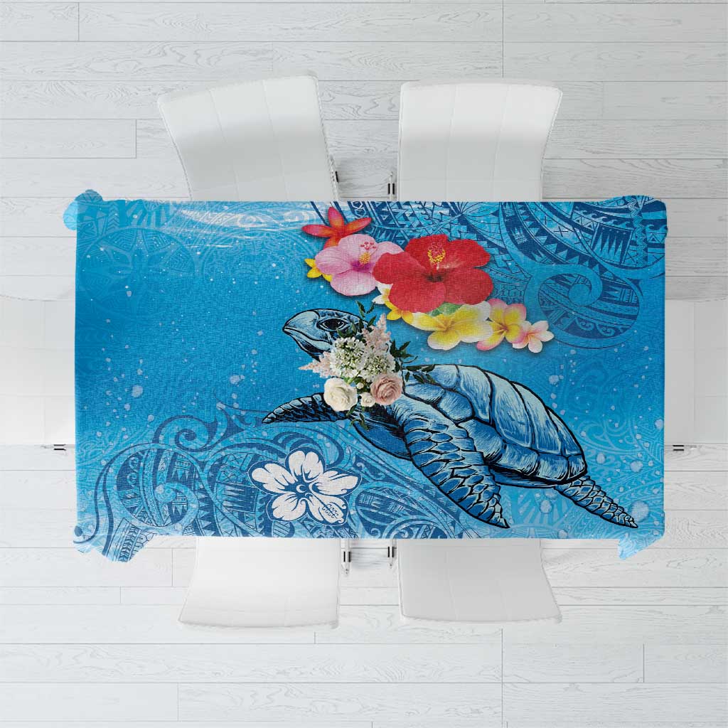 Hawaii Sea Turtle and Tropical Flowers Tablecloth Polynesian Tattoo Undersea Vibe LT03 Blue - Polynesian Pride