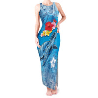 Hawaii Sea Turtle and Tropical Flowers Tank Maxi Dress Polynesian Tattoo Undersea Vibe LT03 Women Blue - Polynesian Pride