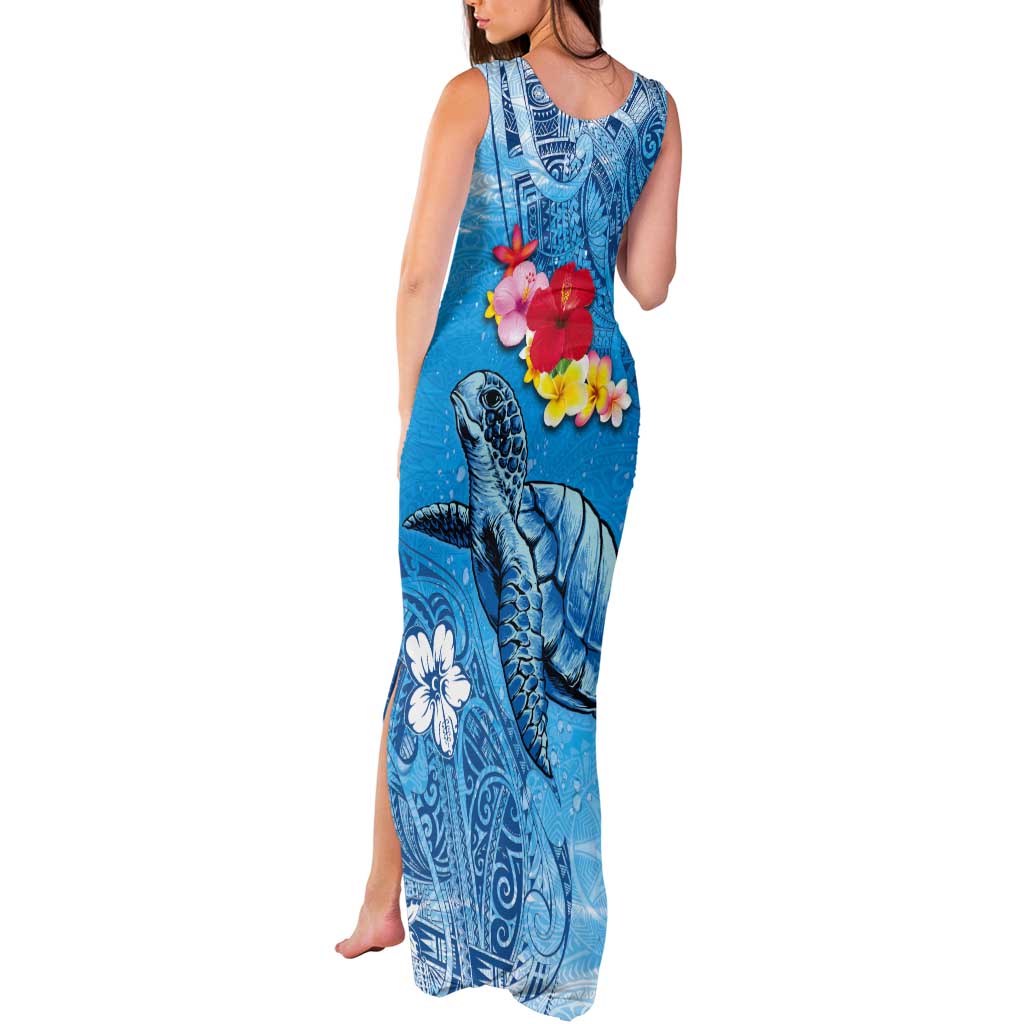 Hawaii Sea Turtle and Tropical Flowers Tank Maxi Dress Polynesian Tattoo Undersea Vibe LT03 - Polynesian Pride