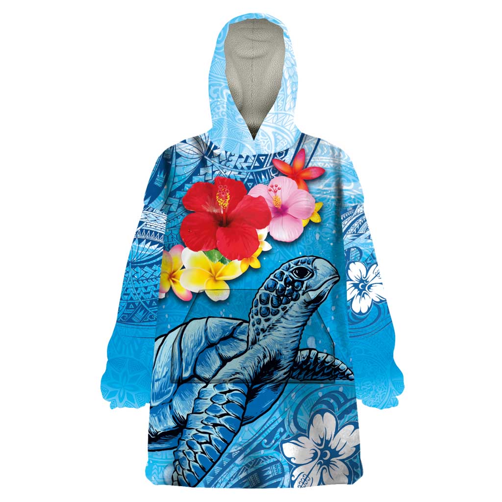 Hawaii Sea Turtle and Tropical Flowers Wearable Blanket Hoodie Polynesian Tattoo Undersea Vibe