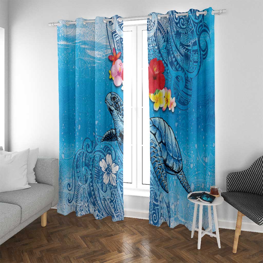 Hawaii Sea Turtle and Tropical Flowers Window Curtain Polynesian Tattoo Undersea Vibe LT03 With Grommets Blue - Polynesian Pride