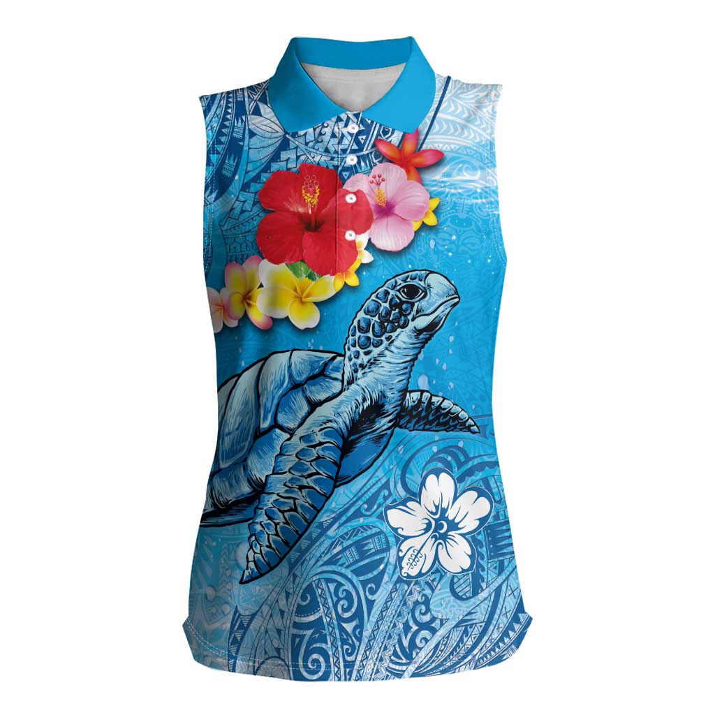 Hawaii Sea Turtle and Tropical Flowers Women Sleeveless Polo Shirt Polynesian Tattoo Undersea Vibe