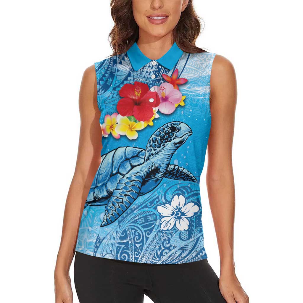 Hawaii Sea Turtle and Tropical Flowers Women Sleeveless Polo Shirt Polynesian Tattoo Undersea Vibe