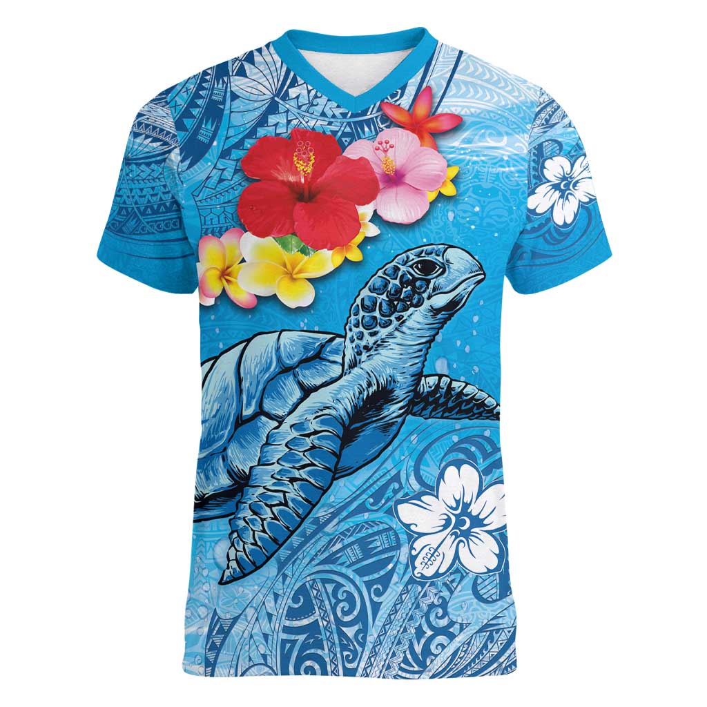 Hawaii Sea Turtle and Tropical Flowers Women V-Neck T-Shirt Polynesian Tattoo Undersea Vibe