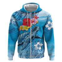Hawaii Sea Turtle and Tropical Flowers Zip Hoodie Polynesian Tattoo Undersea Vibe