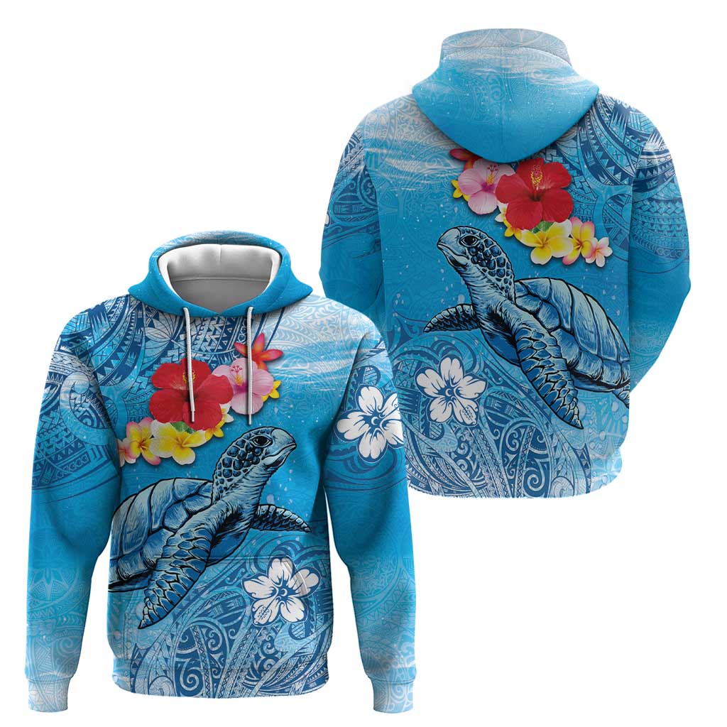 Hawaii Sea Turtle and Tropical Flowers Zip Hoodie Polynesian Tattoo Undersea Vibe