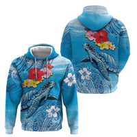Hawaii Sea Turtle and Tropical Flowers Zip Hoodie Polynesian Tattoo Undersea Vibe