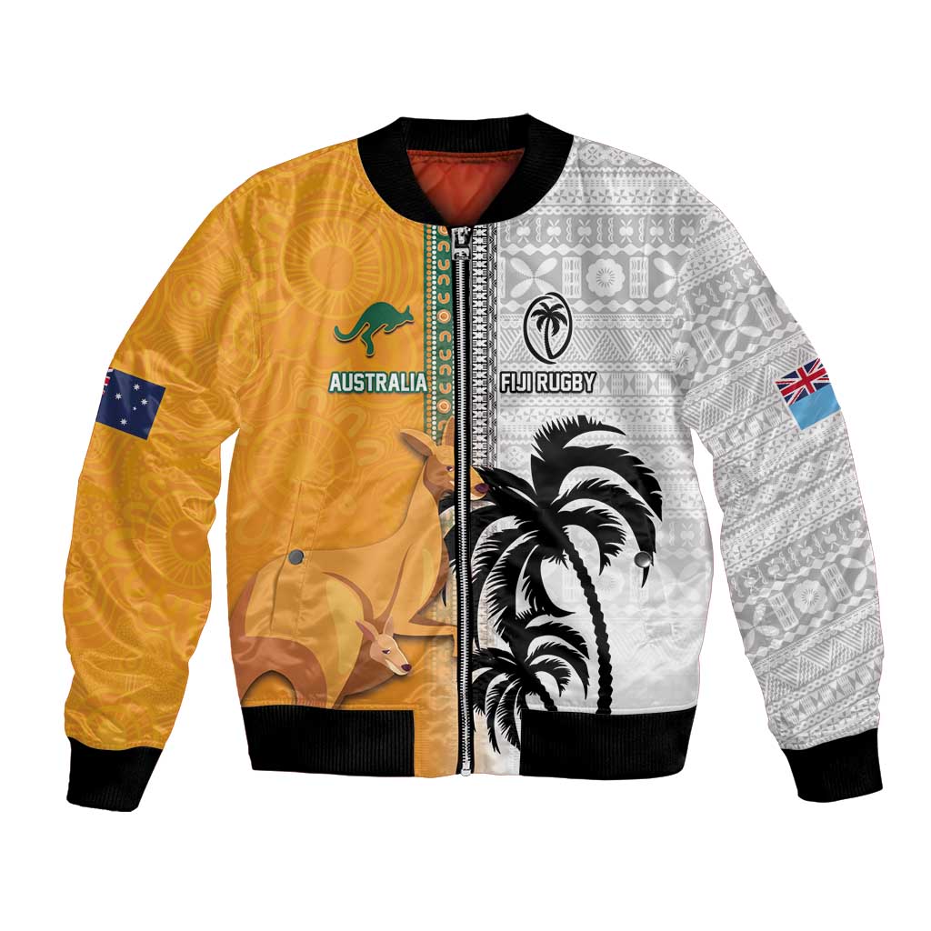 Custom Fiji and Australia Rugby Bomber Jacket Aboriginal and Fijian Masi Pattern