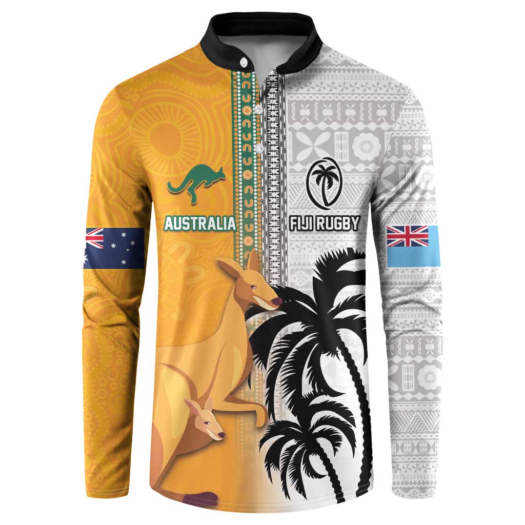 Custom Fiji and Australia Rugby Button Sweatshirt Aboriginal and Fijian Masi Pattern