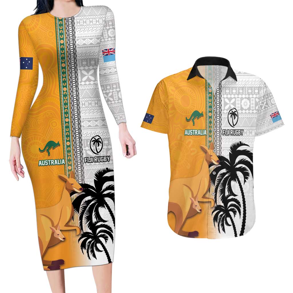 Custom Fiji and Australia Rugby Couples Matching Long Sleeve Bodycon Dress and Hawaiian Shirt Aboriginal and Fijian Masi Pattern