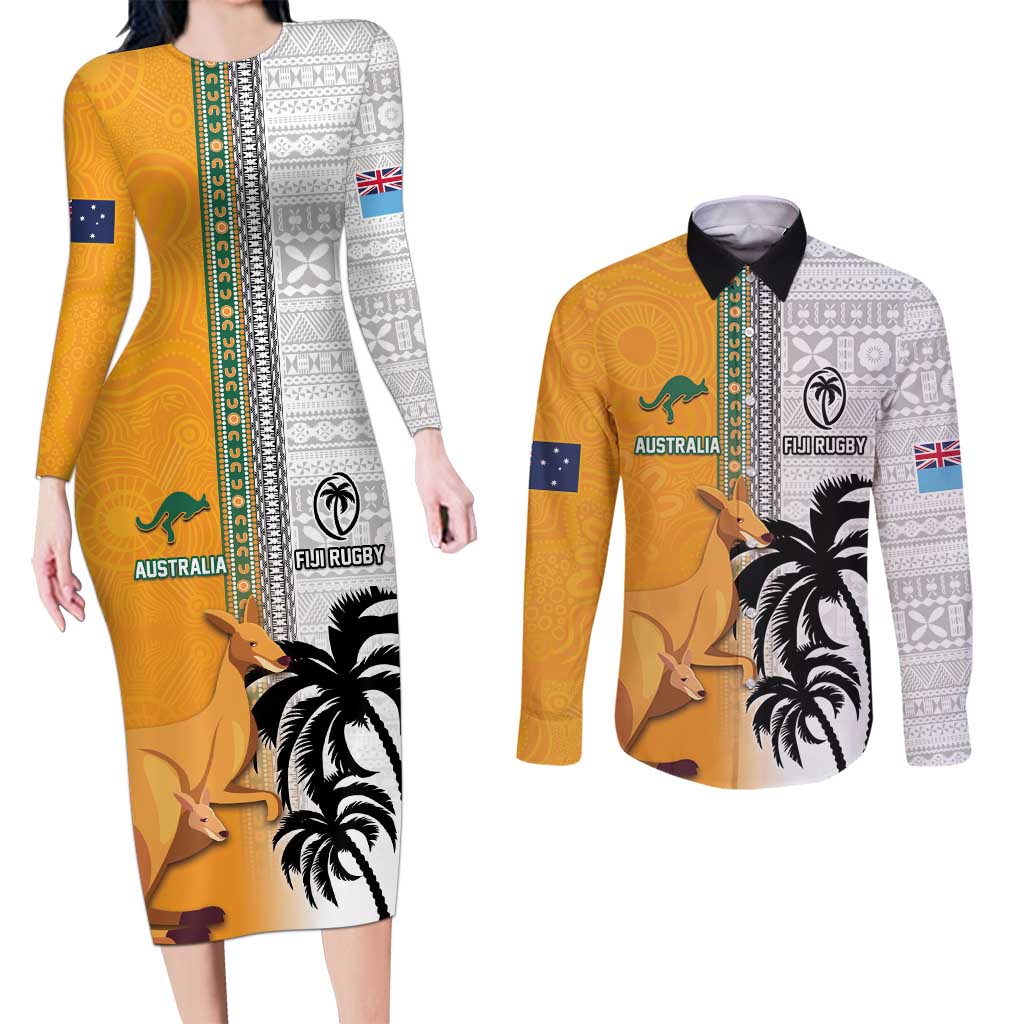 Custom Fiji and Australia Rugby Couples Matching Long Sleeve Bodycon Dress and Long Sleeve Button Shirt Aboriginal and Fijian Masi Pattern