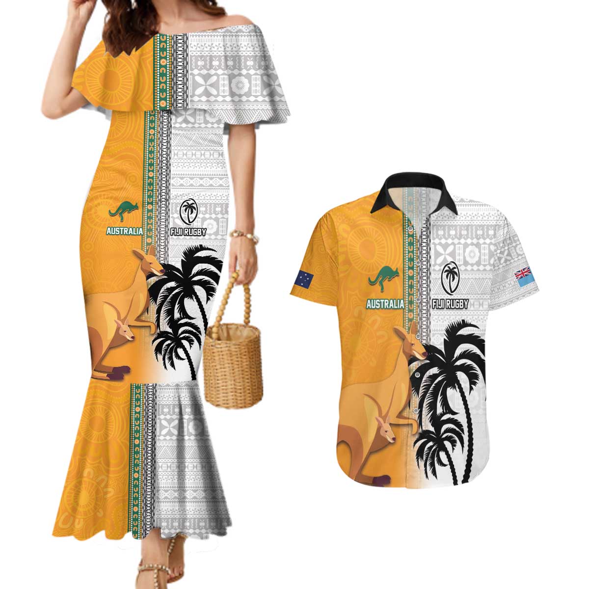 Custom Fiji and Australia Rugby Couples Matching Mermaid Dress and Hawaiian Shirt Aboriginal and Fijian Masi Pattern