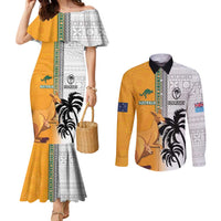 Custom Fiji and Australia Rugby Couples Matching Mermaid Dress and Long Sleeve Button Shirt Aboriginal and Fijian Masi Pattern