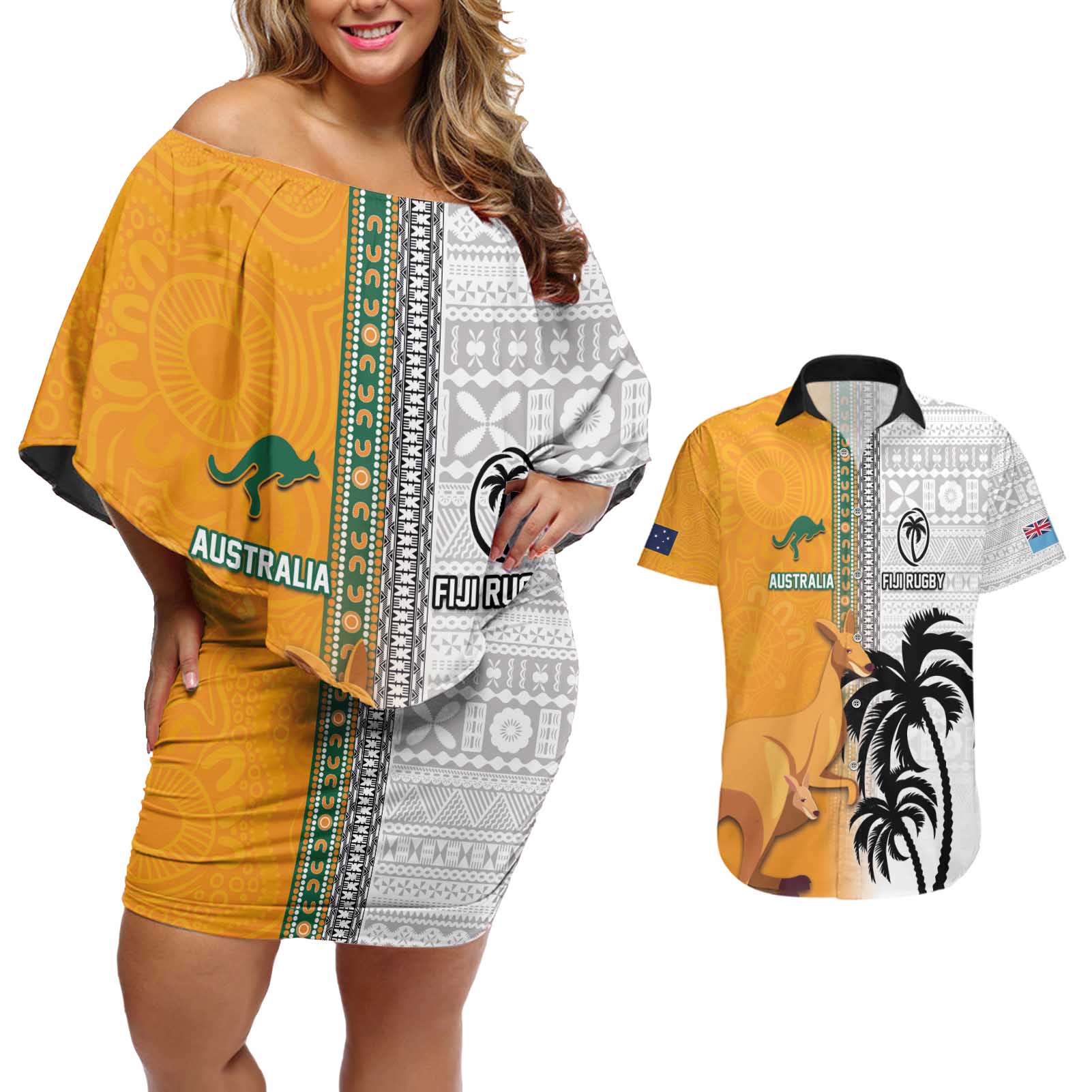 Custom Fiji and Australia Rugby Couples Matching Off Shoulder Short Dress and Hawaiian Shirt Aboriginal and Fijian Masi Pattern